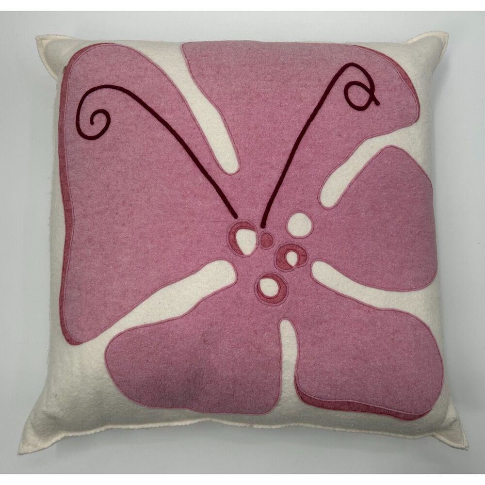 Hable Construction Wool Felt Applique Goose Filled Pillow 18x18 Cream Pink - Picture 1 of 7